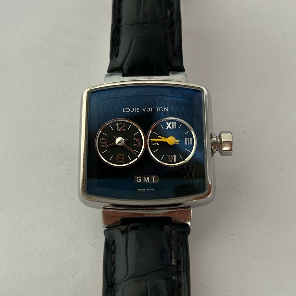 Louis Vuitton Speed M Duo   JetGMT Ice Black Leather Strap Watch with back dial.